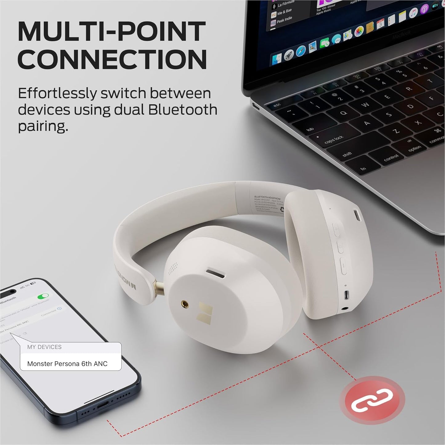 Bluetooth kihangosító Monster Persona 6th, MultiPoint, A2DP, ANC, Fehér