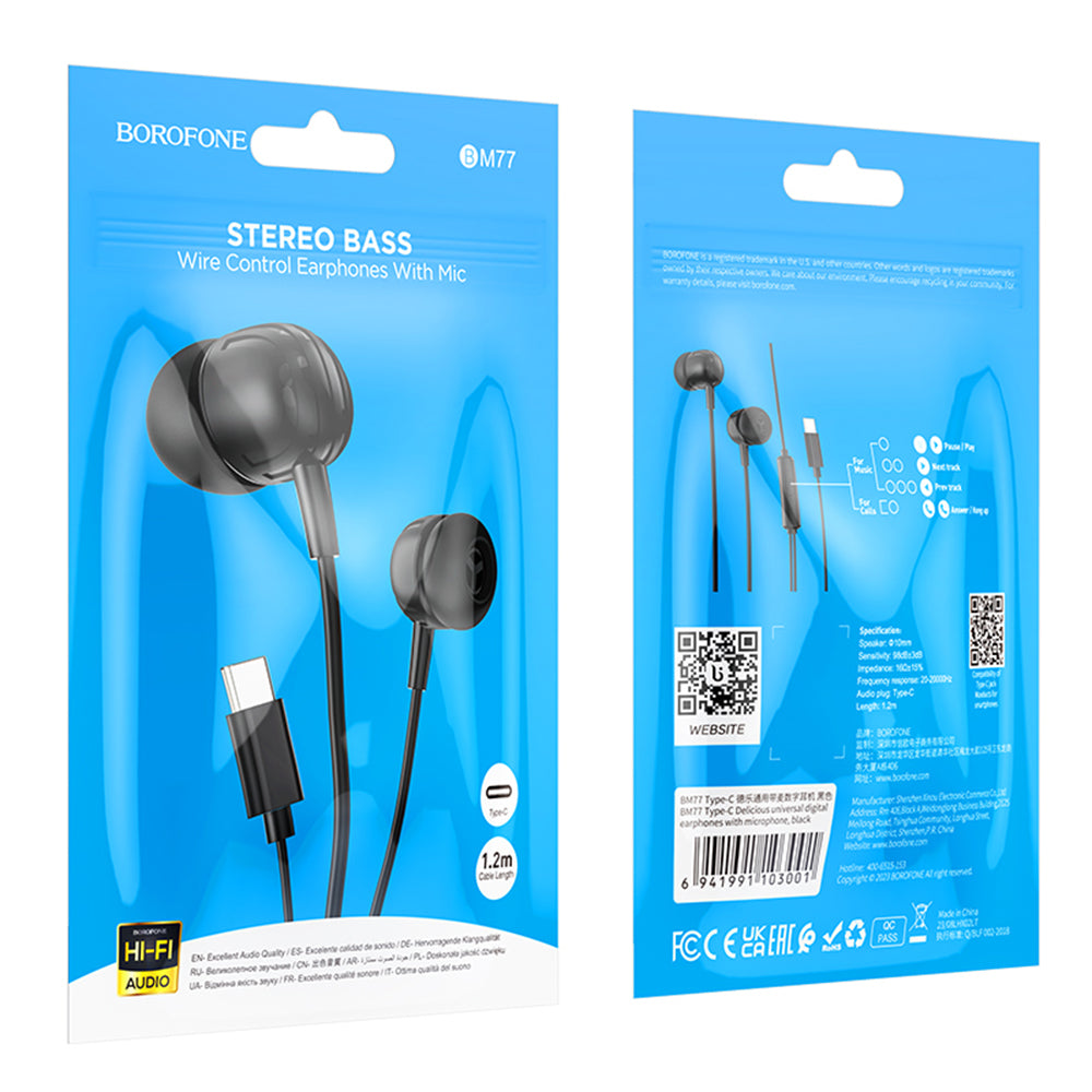 Handsfree USB-C Borofone BM77 Delicious, Fekete