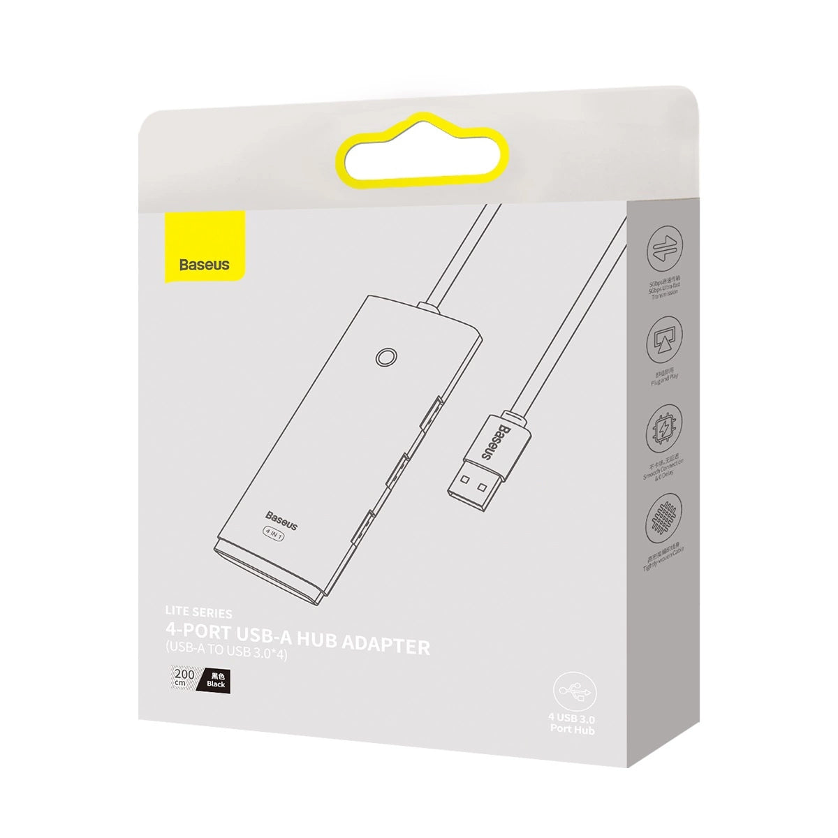 Hub USB Baseus Lite, 4 x USB-A 3.0 - 1 x USB-C, 2m, Fekete WKQX030201