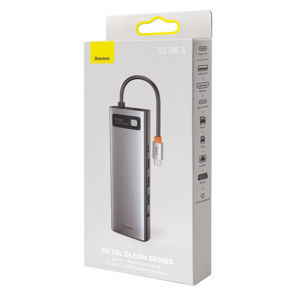 Hub USB-C Baseus Metal Gleam, 3 x USB-A 3.0 - 1 x USB-C - 2 x HDMI - 1 x VGA - 1 x Jack 3.5mm - 1 x RJ45 - 1 x SD - 1 x microSD, Szürke CAHUB-CT0G