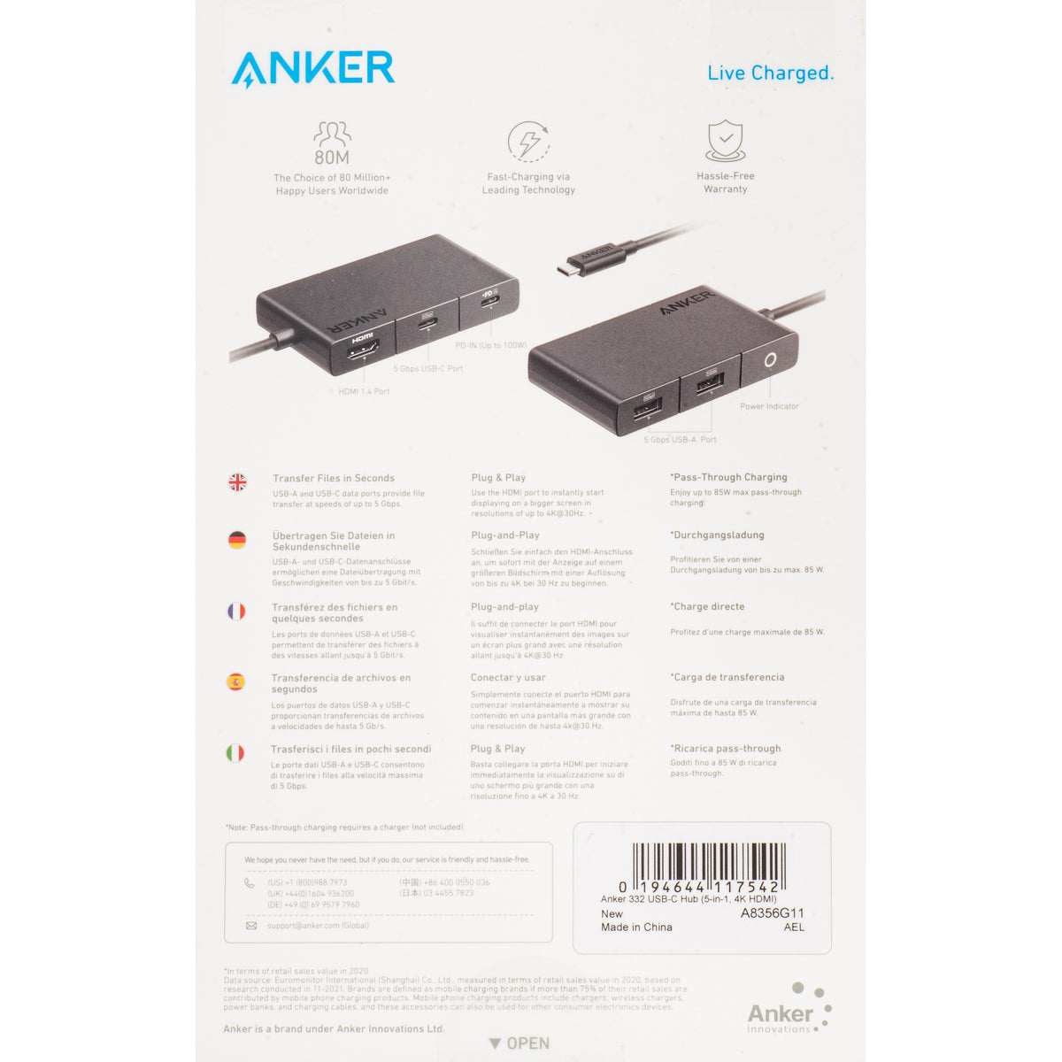 Anker 332 USB-C Hub, 2 x USB-A - 2 x USB-C - 1 x HDMI, Fekete A8356G11