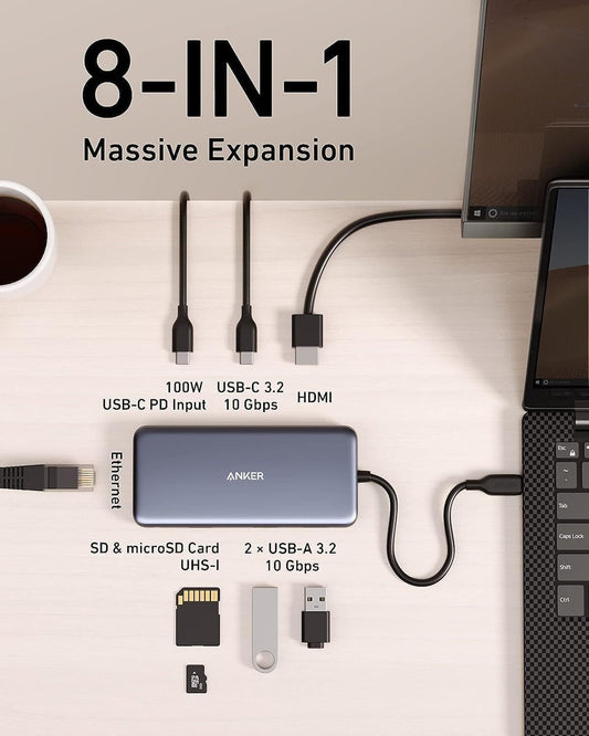 Hub USB-C Anker 555, 2 x USB-A 3.2 - 2 x USB-C - 1 x HDMI - 1 x RJ45 - 1 x SD - 1 x microSD, Szürke A83830A2