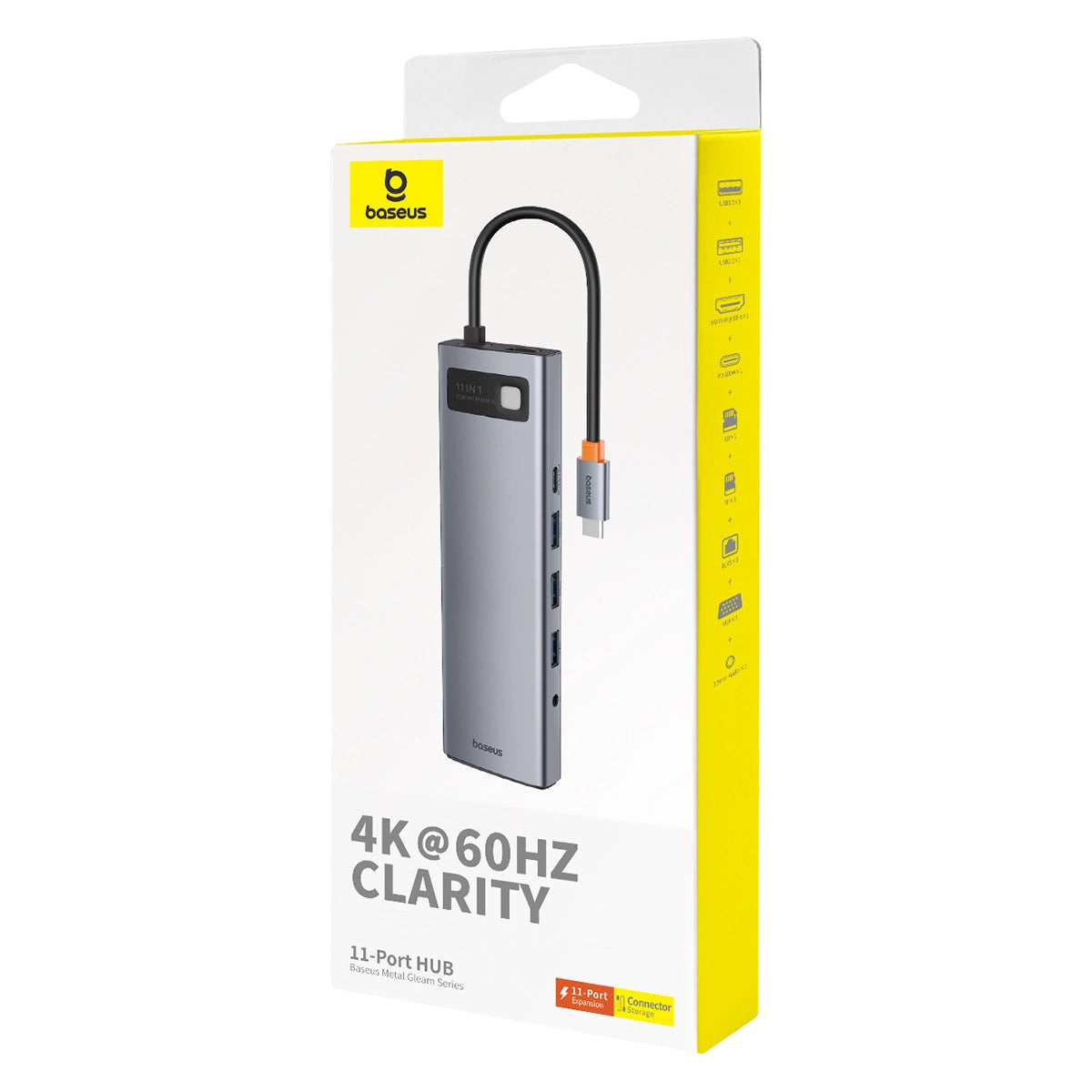 Hub USB-C Baseus Metal Gleam, 3 x USB-A 3.0 - 1 x USB-A - 1 x USB-C - 1 x HDMI - 1 x VGA - 1 x Jack 3.5mm - 1 x RJ45 - 1 x SD - 1 x microSD, Szürke