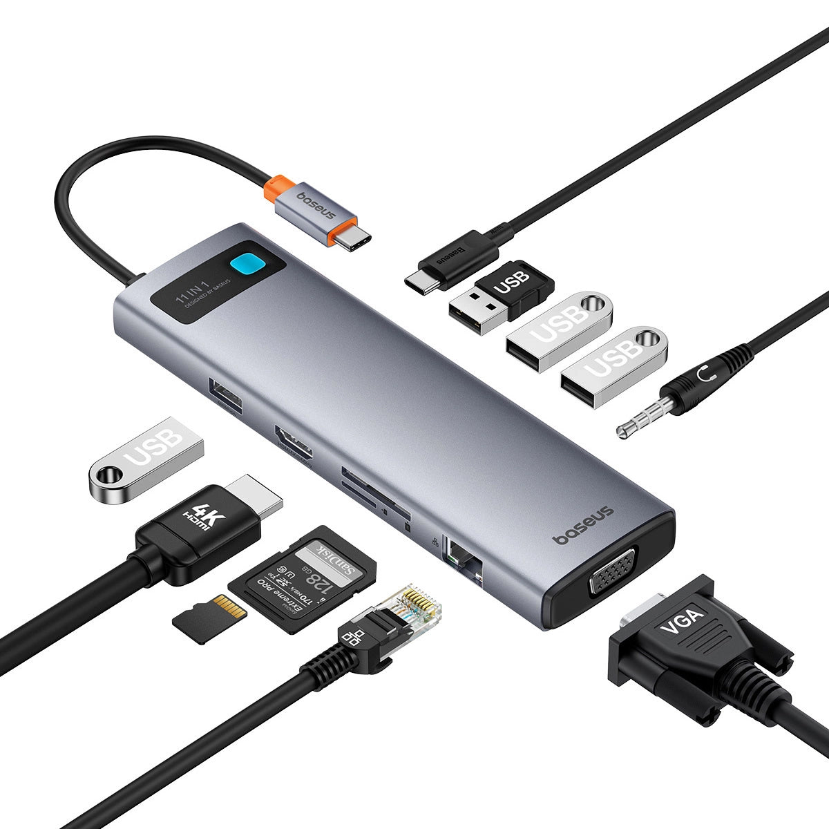 Hub USB-C Baseus Metal Gleam, 3 x USB-A 3.0 - 1 x USB-A - 1 x USB-C - 1 x HDMI - 1 x VGA - 1 x Jack 3.5mm - 1 x RJ45 - 1 x SD - 1 x microSD, Szürke