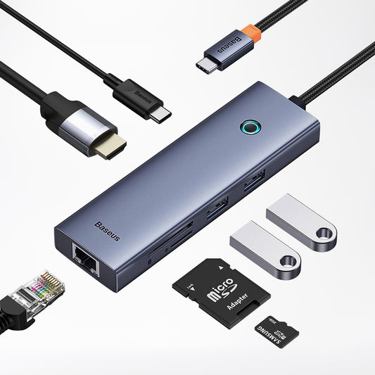 Hub USB-C Baseus UltraJoy, 2 x USB-A 3.0 - 1 x USB-C - 1 x HDMI - 1 x RJ45 - 1 x SD - 1 x microSD, Szürke B00052805813-00