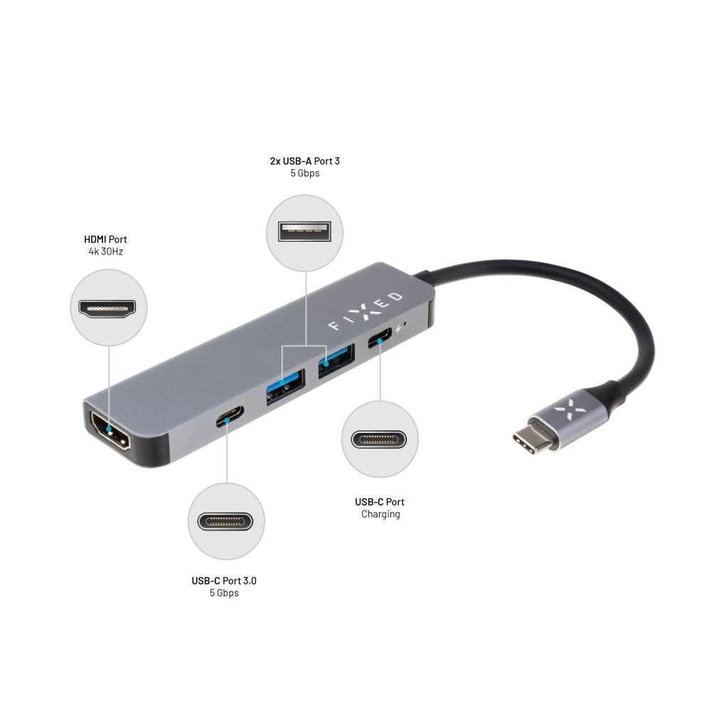Fixed USB-C Hub, 4in1, Szürke