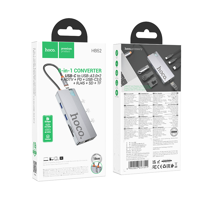 USB-C Hub HOCO HB52, 2 x USB-A 3.0 - 2 x USB-C - 1 x HDMI - 1 x RJ45 - 1 x SD - 1 x microSD, Szürke