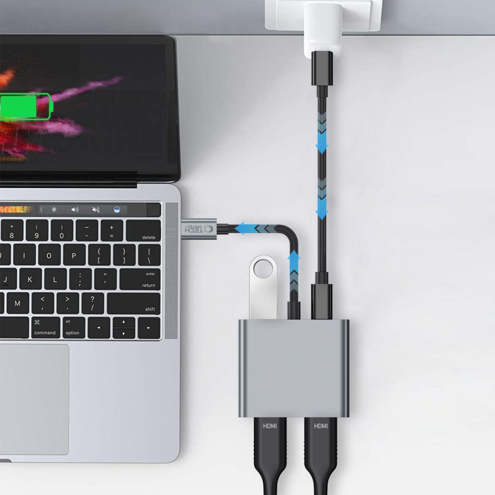 Tech-Protect HB08 USB-C Hub, 1 x USB-A - 1 x USB-C - 2 x HDMI, Szürke