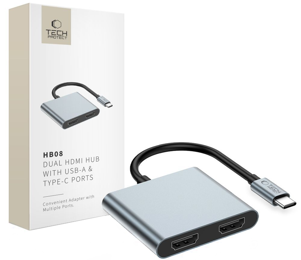 Tech-Protect HB08 USB-C Hub, 1 x USB-A - 1 x USB-C - 2 x HDMI, Szürke