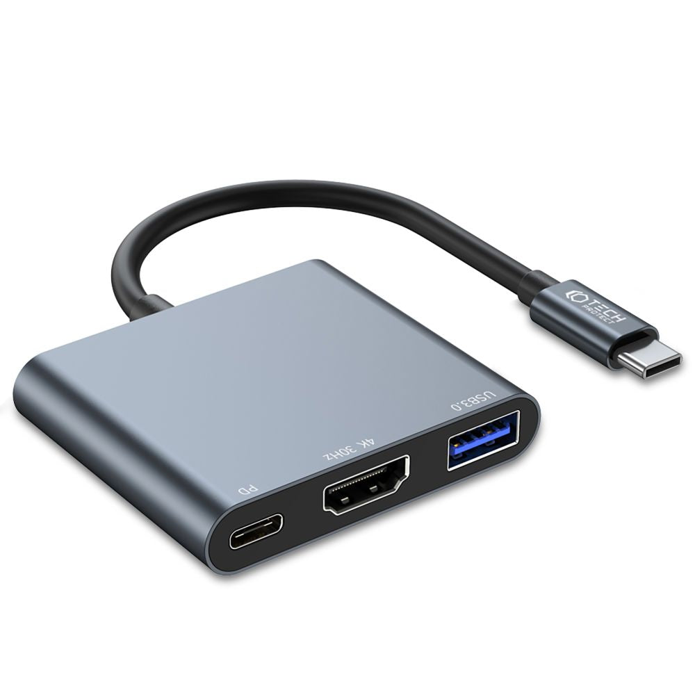 Hub USB-C Tech-Protect V1, USB-A 3.0 - 1 x USB-C - 1 x HDMI, Szürke