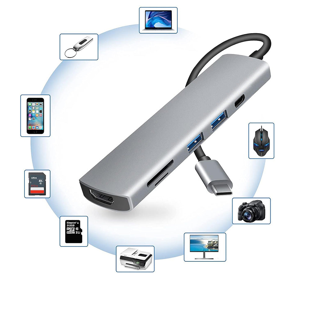 Hub USB-C Techsuit H5 TurboChargeX, 6in1, Szürke