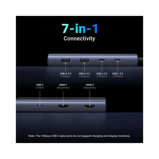 UGREEN CM498 (45379) USB-C hub, 2 x USB-A 3.2 - 3 x USB-C - 2 x HDMI, szürke