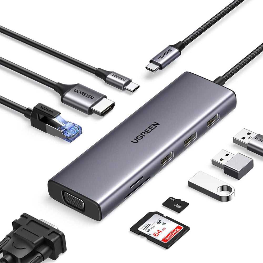 Hub USB-C UGREEN CM498 (15600), 3 x USB-A 3.0 - 1 x USB-C - 1 x HDMI - 1 x VGA - 1 x RJ45 - 1 x SD - 1 x microSD, Szürke