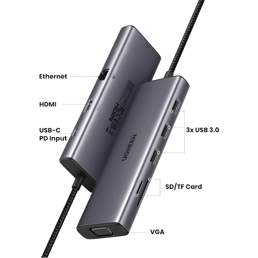 Hub USB-C UGREEN CM498 (15600), 3 x USB-A 3.0 - 1 x USB-C - 1 x HDMI - 1 x VGA - 1 x RJ45 - 1 x SD - 1 x microSD, Szürke