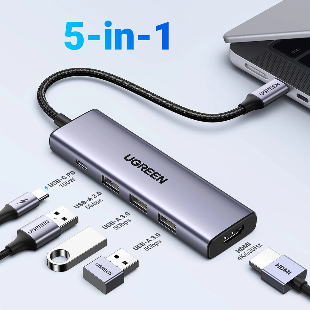 Hub USB-C UGREEN CM511 (15596), 3 x USB-A 3.0 - 1 x USB-C - 1 x HDMI, Szürke