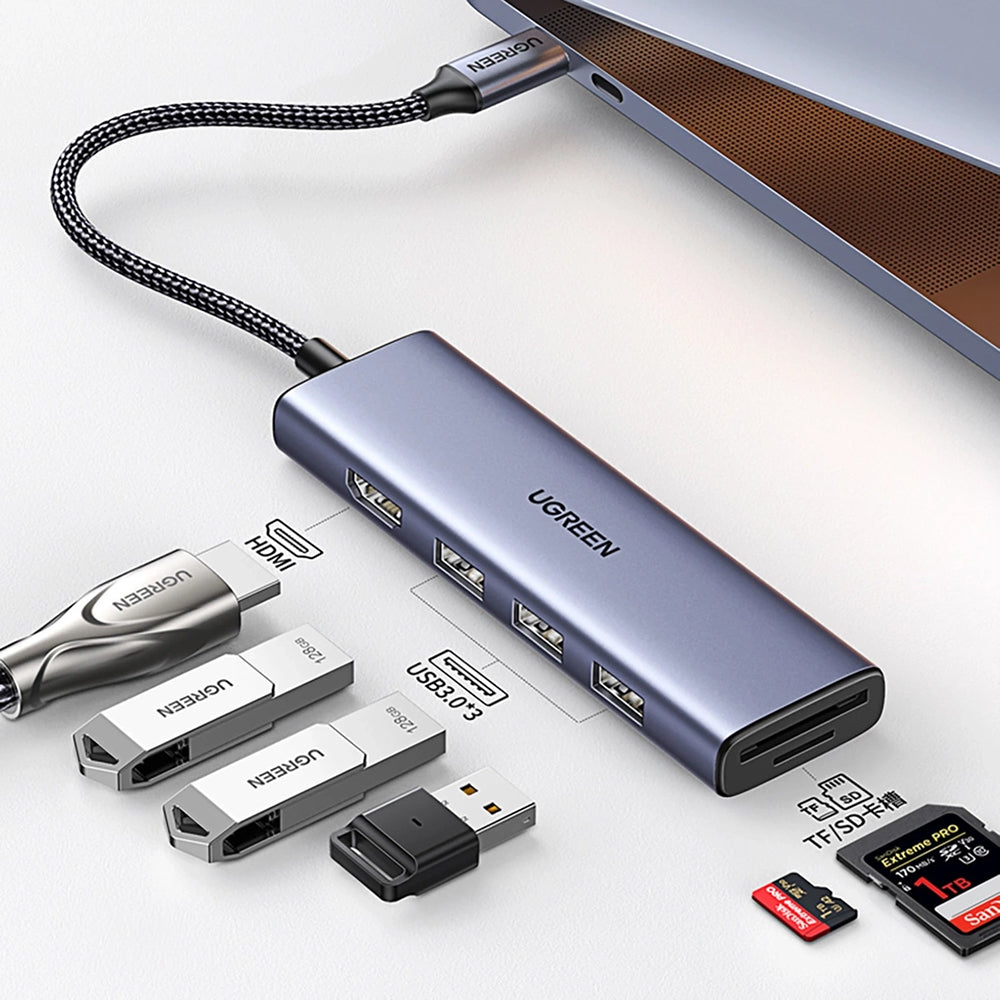UGREEN CM511 USB-C Hub (20956A), 3 x USB-A 3.0 - 1 x HDMI - 1 x SD - 1 x microSD, Szürke