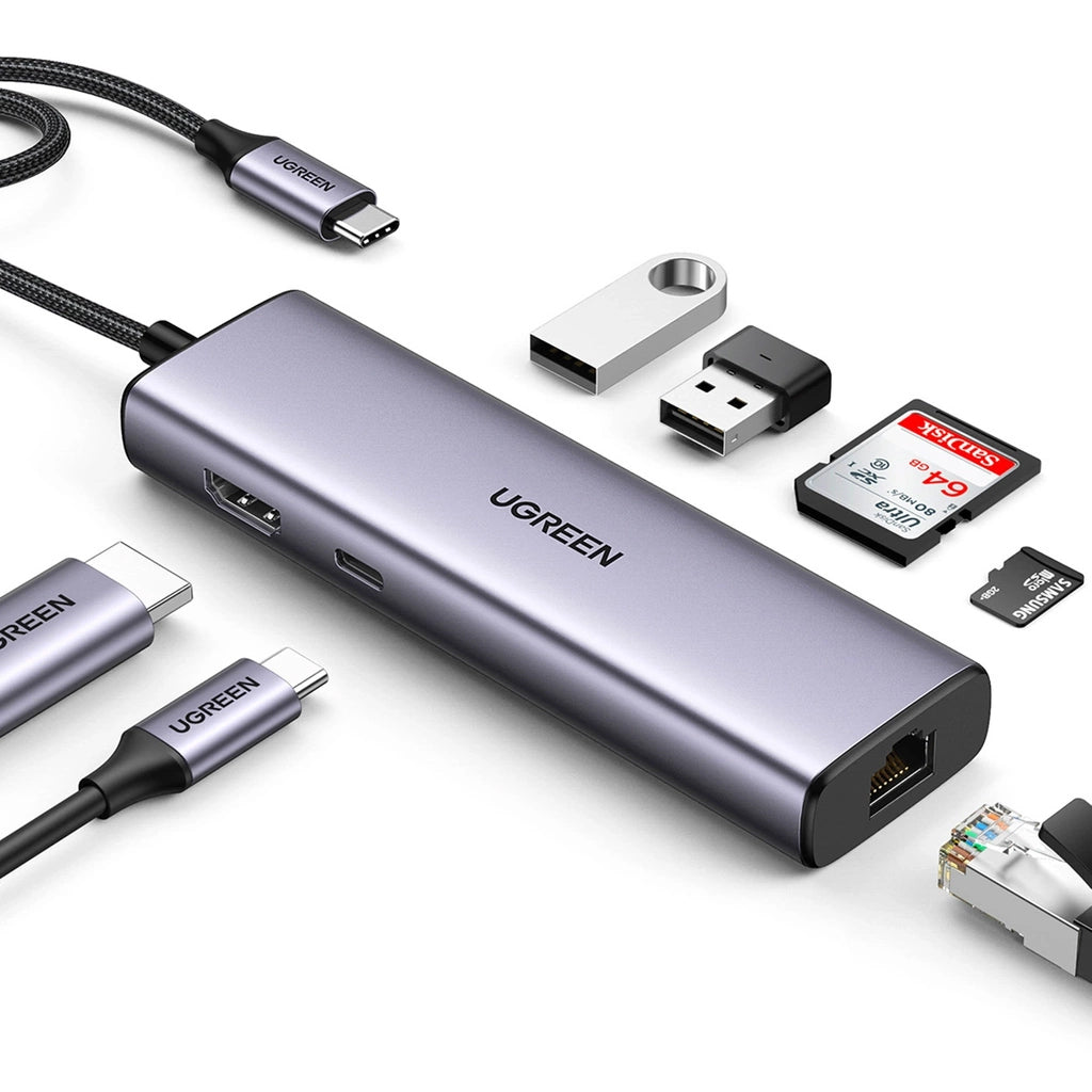 Hub USB-C UGREEN CM512 (90568), 2 x USB-A 3.0 - 1 x USB-C - 1 x HDMI - 1 x RJ45 - 1 x SD - 1 x microSD, Szürke
