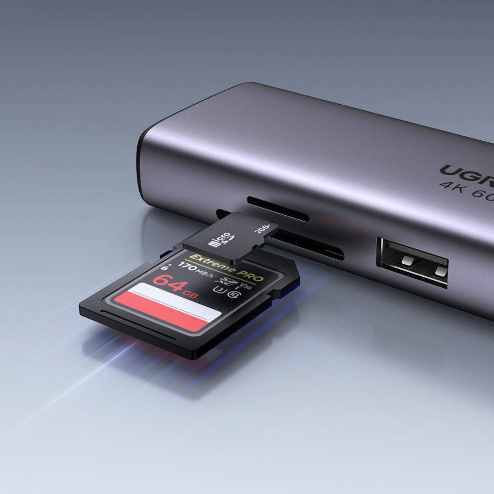 UGREEN CM512 USB-C hub (60515), 2 x USB-A 3.0 - 1 x USB-C - 1 x HDMI - 1 x SD - 1 x microSD - 1 x RJ45, Szürke