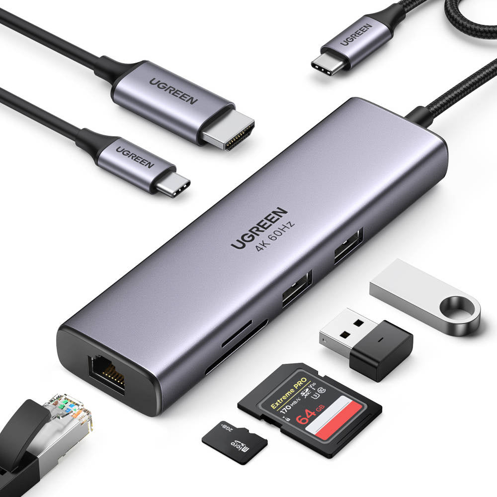 UGREEN CM512 USB-C hub (60515), 2 x USB-A 3.0 - 1 x USB-C - 1 x HDMI - 1 x SD - 1 x microSD - 1 x RJ45, Szürke