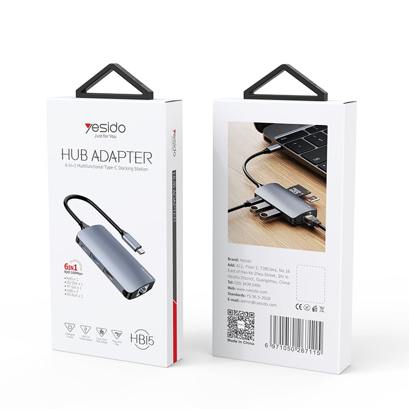 USB-C Yesido HB15, 6in1, Szürke Hub