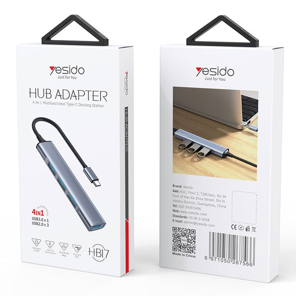 USB-C Yesido HB17 hub, 4 az 1-ben, szürke
