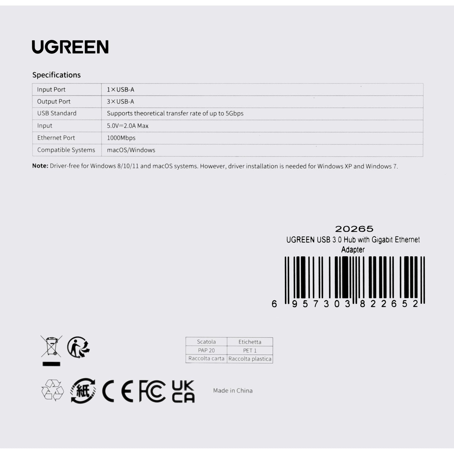 UGREEN 20265 USB hub, 3 x USB-A 3.0 - 1 x RJ45, Fekete