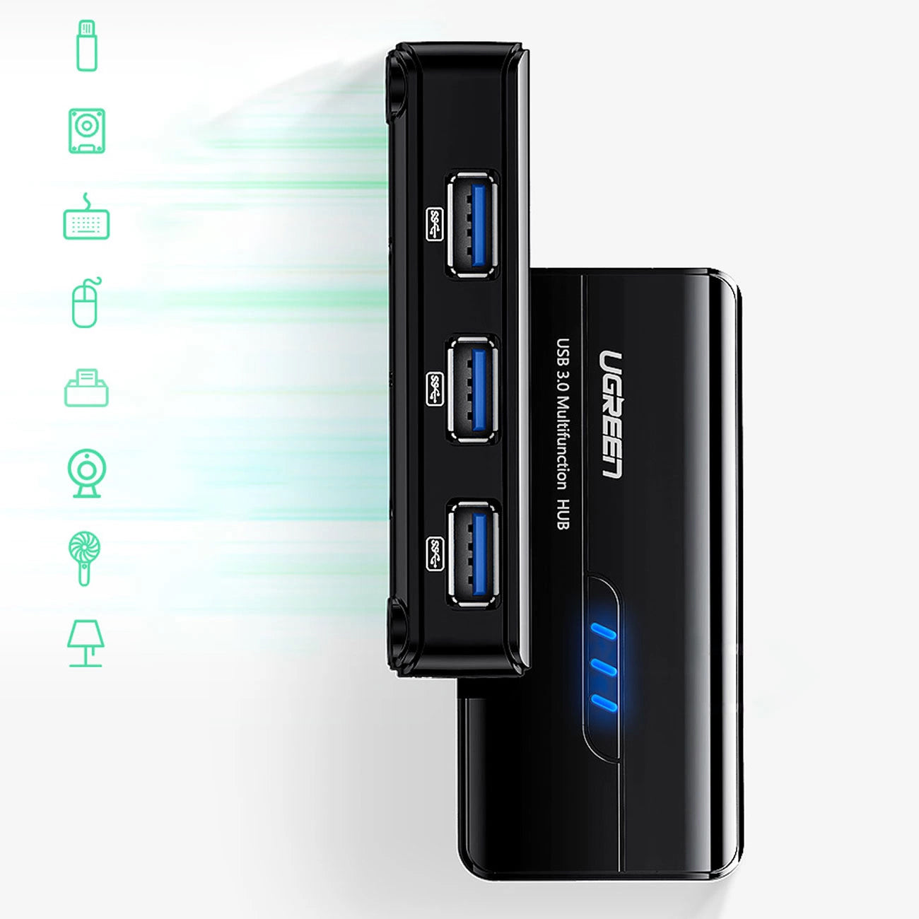 UGREEN 20265 USB hub, 3 x USB-A 3.0 - 1 x RJ45, Fekete