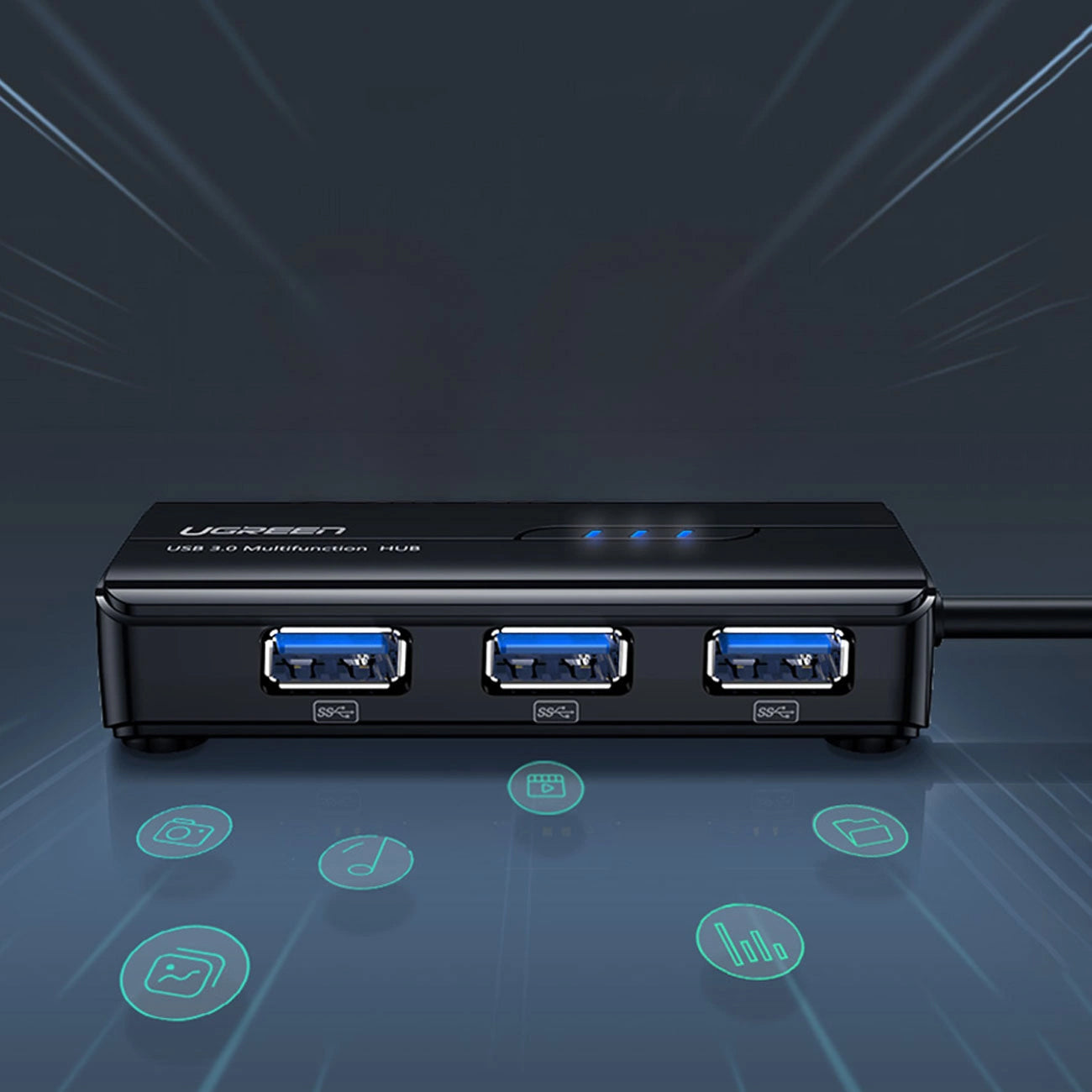 UGREEN 20265 USB hub, 3 x USB-A 3.0 - 1 x RJ45, Fekete