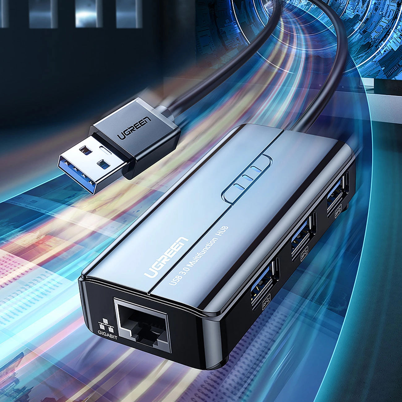 UGREEN 20265 USB hub, 3 x USB-A 3.0 - 1 x RJ45, Fekete