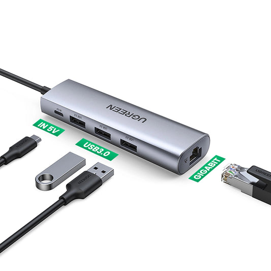 USB Hub UGREEN CM266, 3 x USB-A 3.0 - 1 x RJ45, szürke