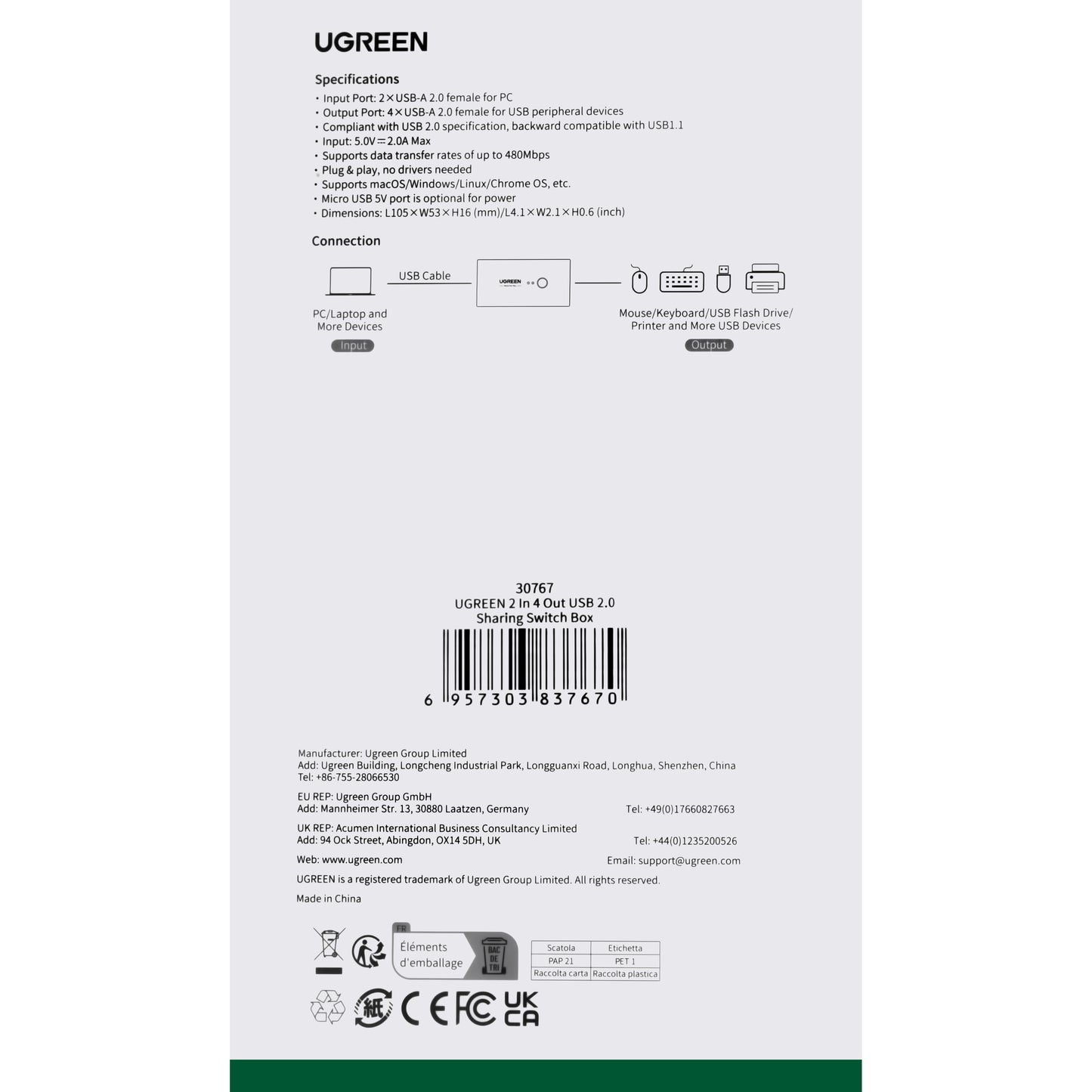 UGREEN US216 Two Sharing Box USB Switch, 4 x USB-A, Black