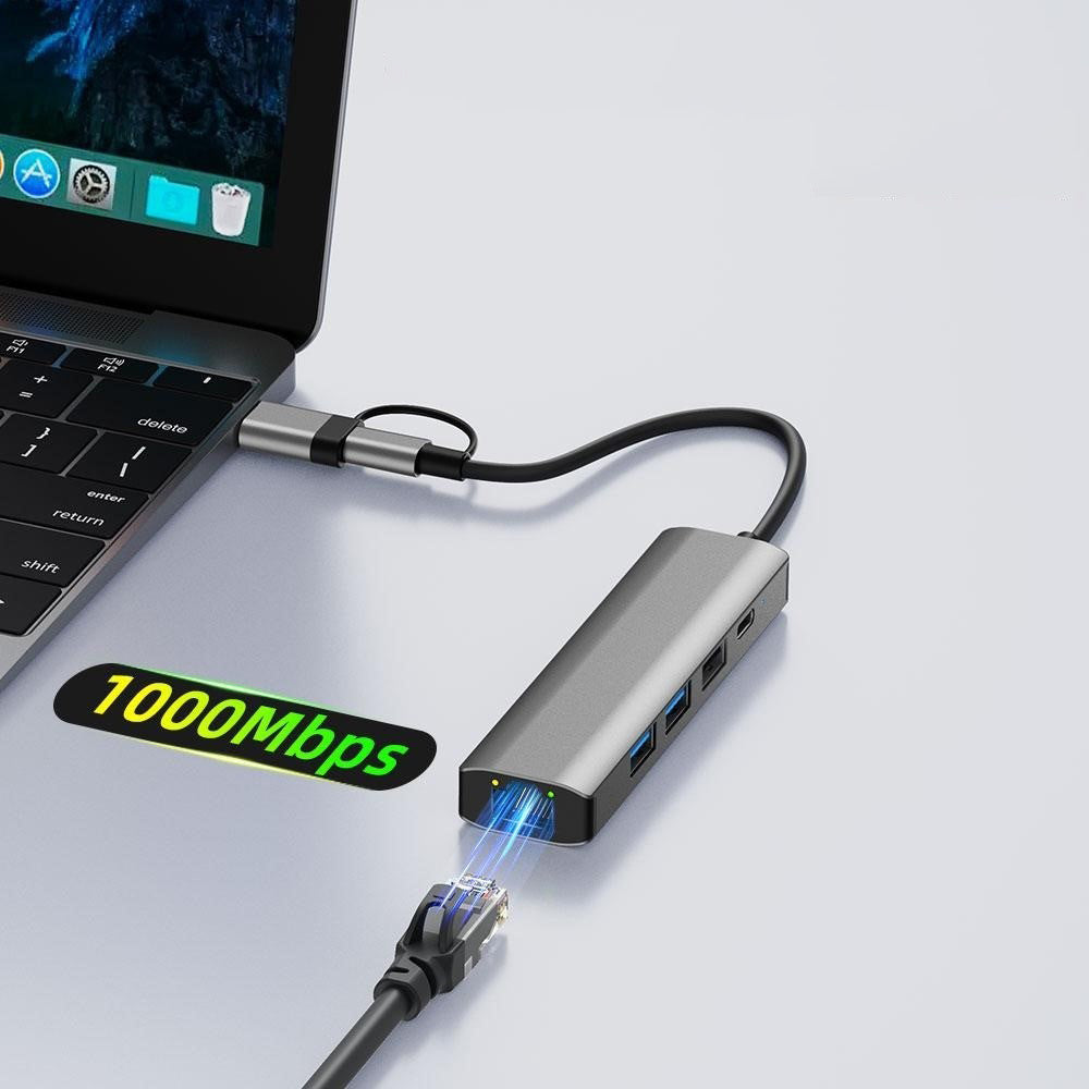 USB / USB-C Techsuit H3 BoostNetLink, 5 az 1-ben, Szürke