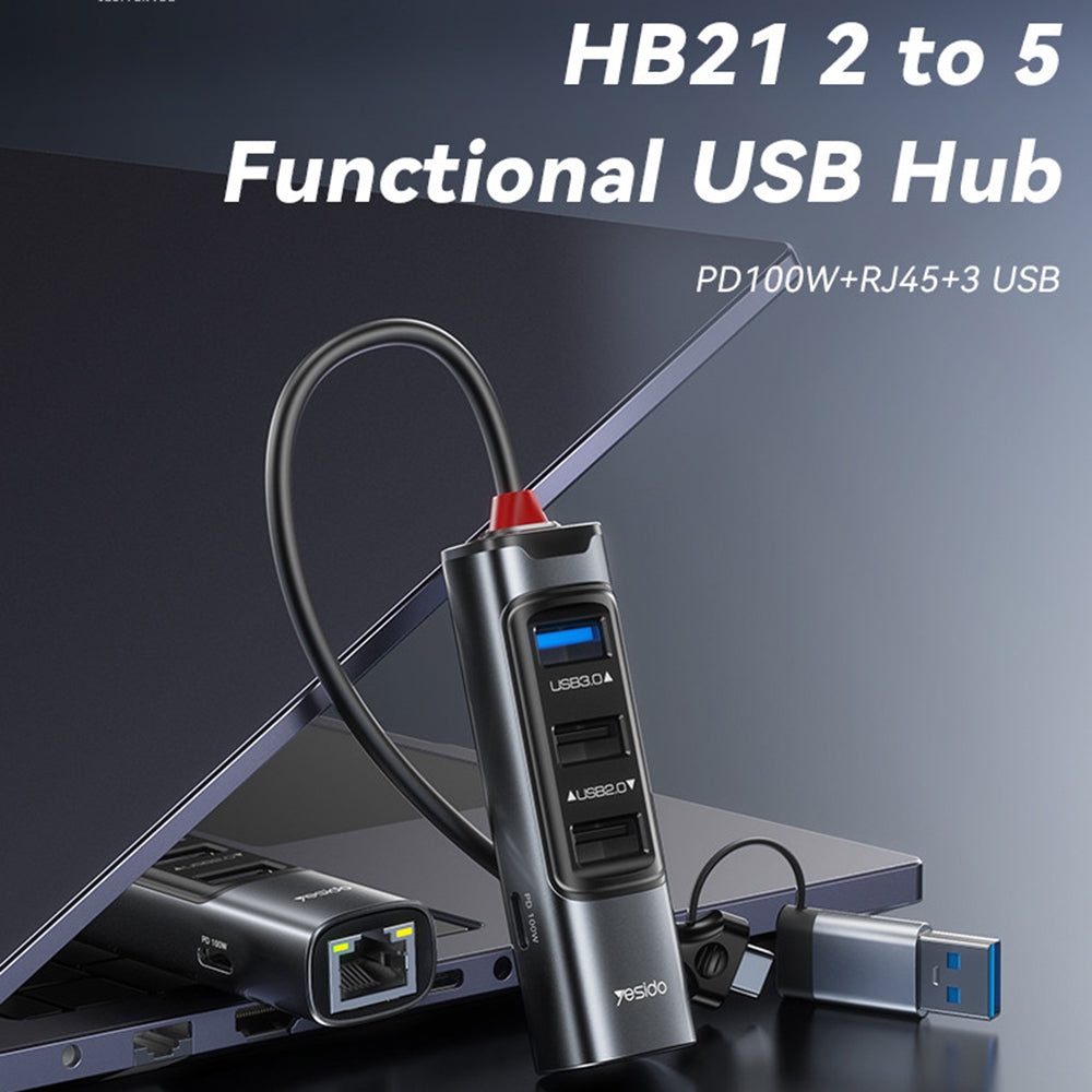 USB / USB-C Yesido HB21, 5in1, Szürke Hub