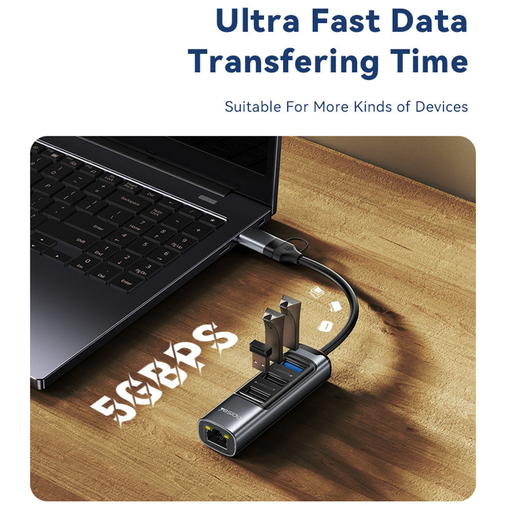 USB / USB-C Yesido HB21, 5in1, Szürke Hub