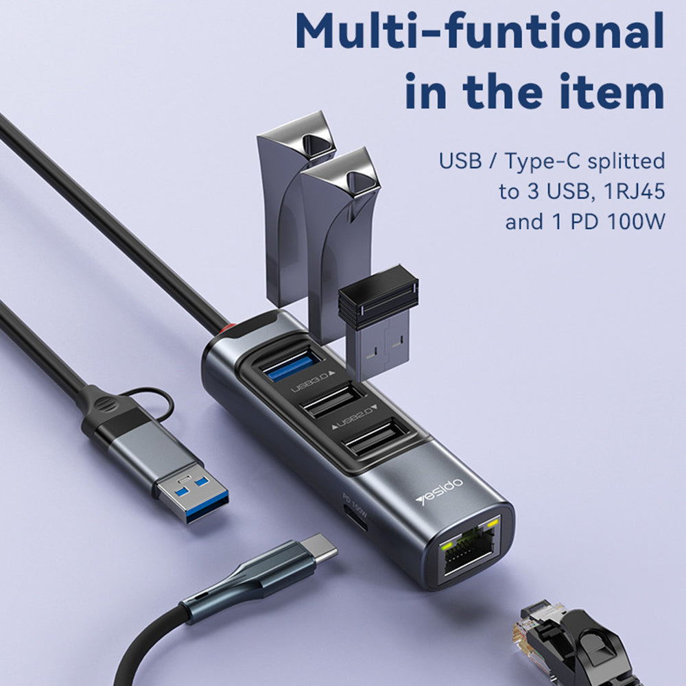 USB / USB-C Yesido HB21, 5in1, Szürke Hub