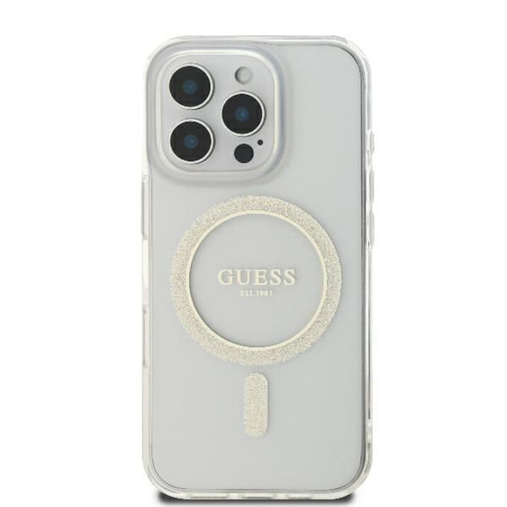 MagSafe tok Apple iPhone 16 Pro-hoz, Guess, IML Glitter Ring, Átlátszó GUHMP16LHFGERET