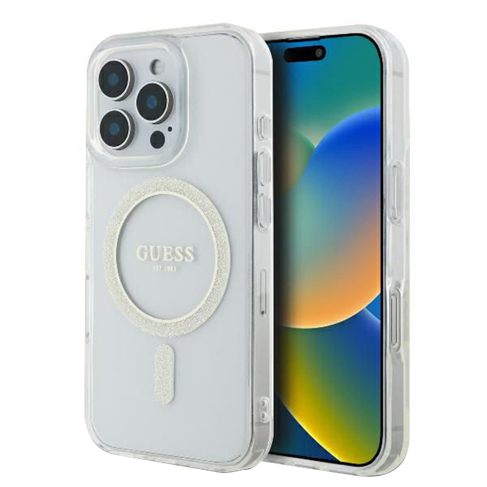 MagSafe tok Apple iPhone 16 Pro-hoz, Guess, IML Glitter Ring, Átlátszó GUHMP16LHFGERET