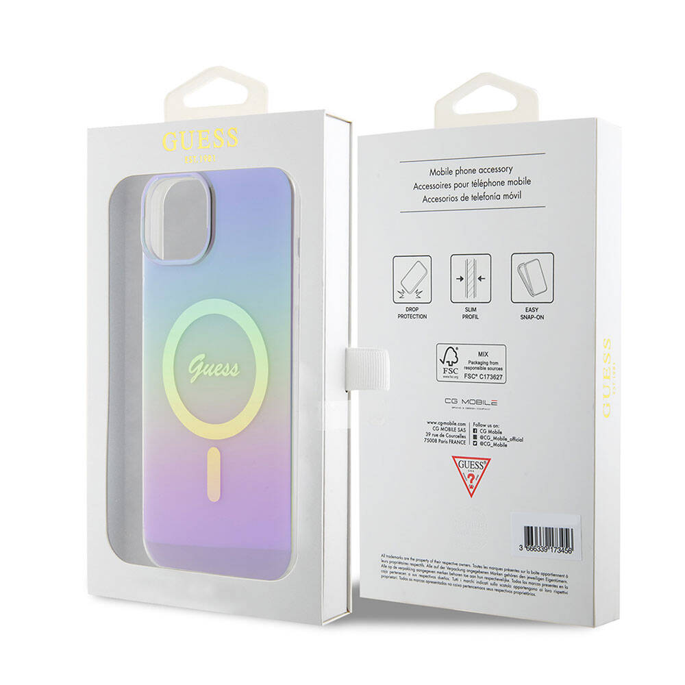 MagSafe tok Apple iPhone 15-höz, Guess, IML Iridescent, Lila