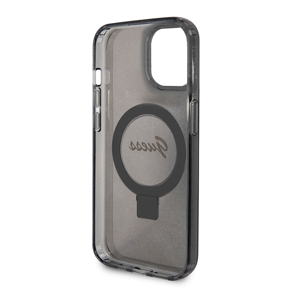 MagSafe tok Apple iPhone 15-höz, Guess, Ring Stand Script Glitter, Fekete