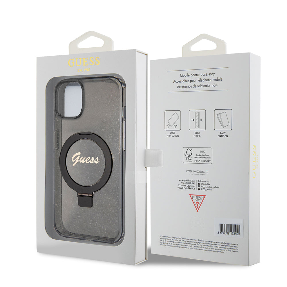 MagSafe tok Apple iPhone 15-höz, Guess, Ring Stand Script Glitter, Fekete