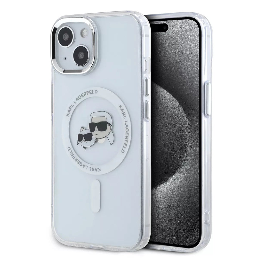 MagSafe tok Apple iPhone 15-höz, Karl Lagerfeld, IML Metal Karl & Choupette's Heads, Fehér