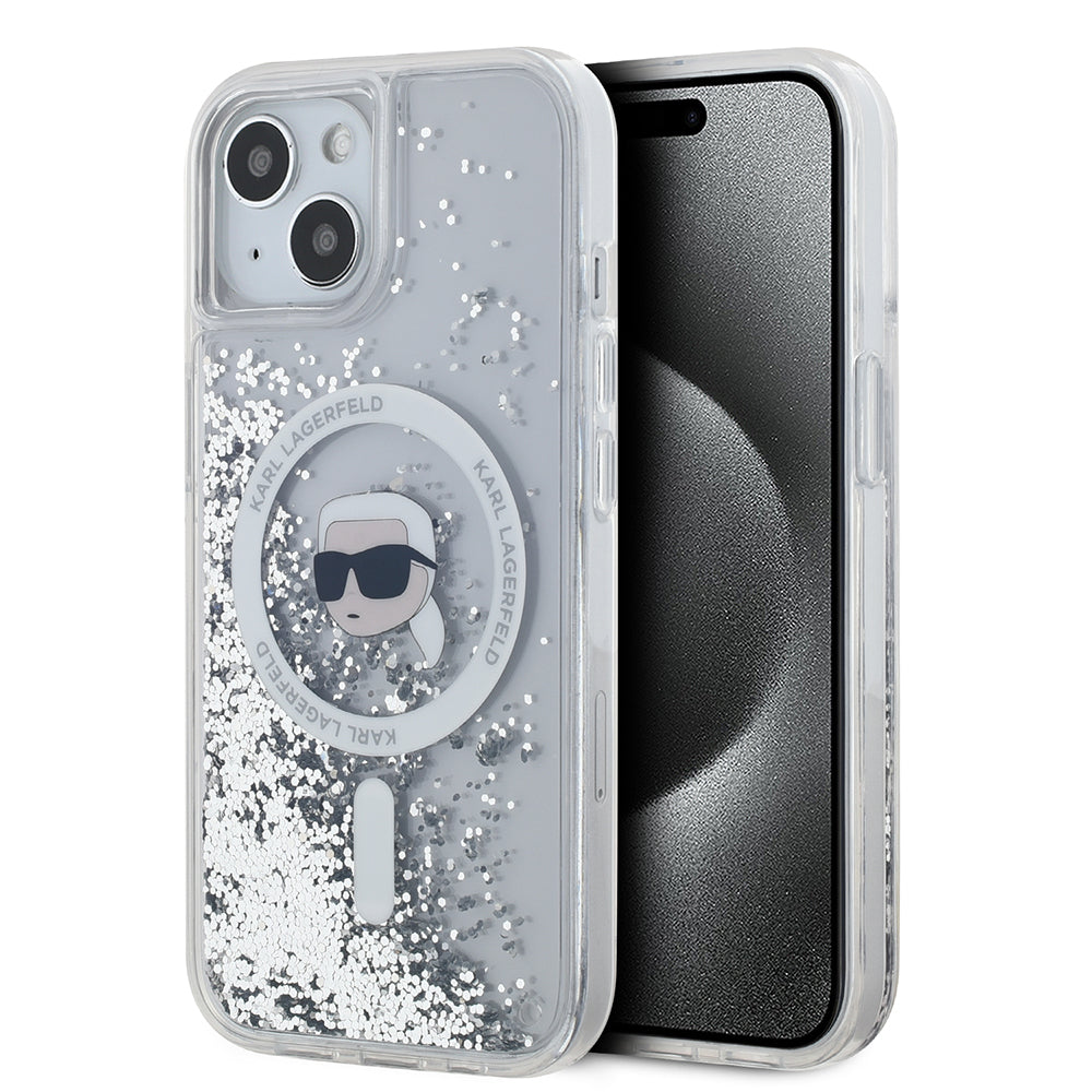 MagSafe tok Apple iPhone 15-höz, Karl Lagerfeld, Liquid Glitter Karl's Head, Átlátszó
