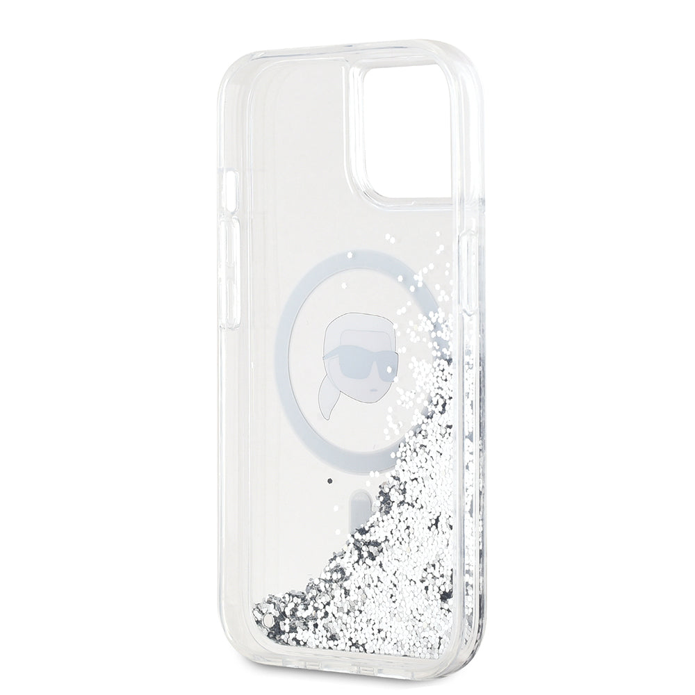 MagSafe tok Apple iPhone 15-höz, Karl Lagerfeld, Liquid Glitter Karl's Head, Átlátszó