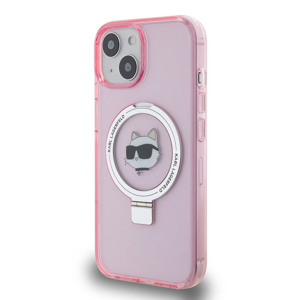 MagSafe Case for Apple iPhone 15, Karl Lagerfeld, Ring Stand Choupette's Head, Pink
