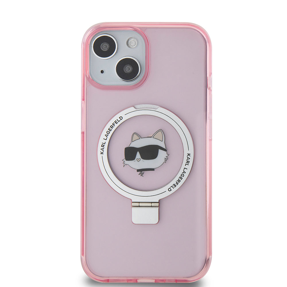 MagSafe Case for Apple iPhone 15, Karl Lagerfeld, Ring Stand Choupette's Head, Pink