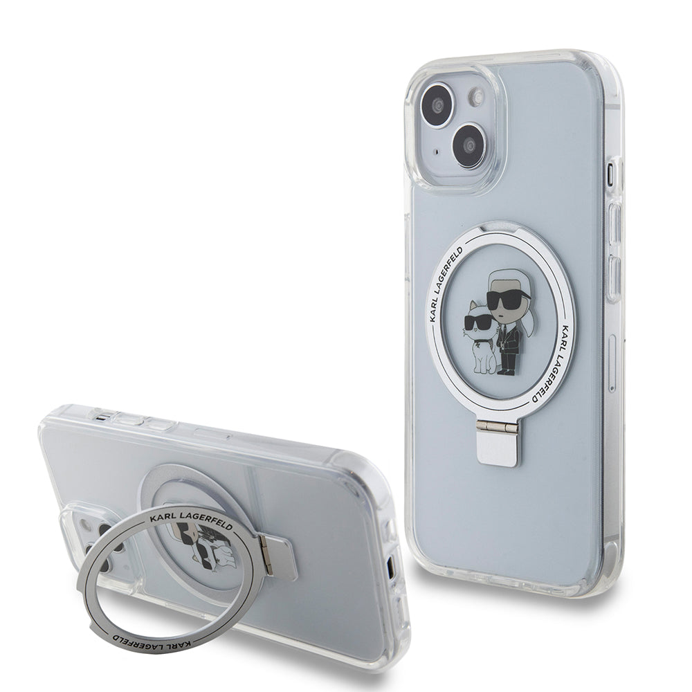 MagSafe tok Apple iPhone 15-höz, Karl Lagerfeld, Ring Stand Karl & Choupette, Fehér