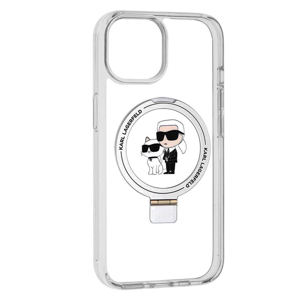 MagSafe tok Apple iPhone 15-höz, Karl Lagerfeld, Ring Stand Karl & Choupette, Fehér