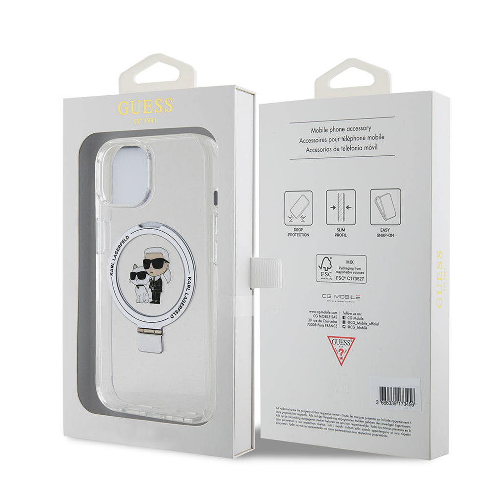 MagSafe tok Apple iPhone 15-höz, Karl Lagerfeld, Ring Stand Karl & Choupette, Fehér