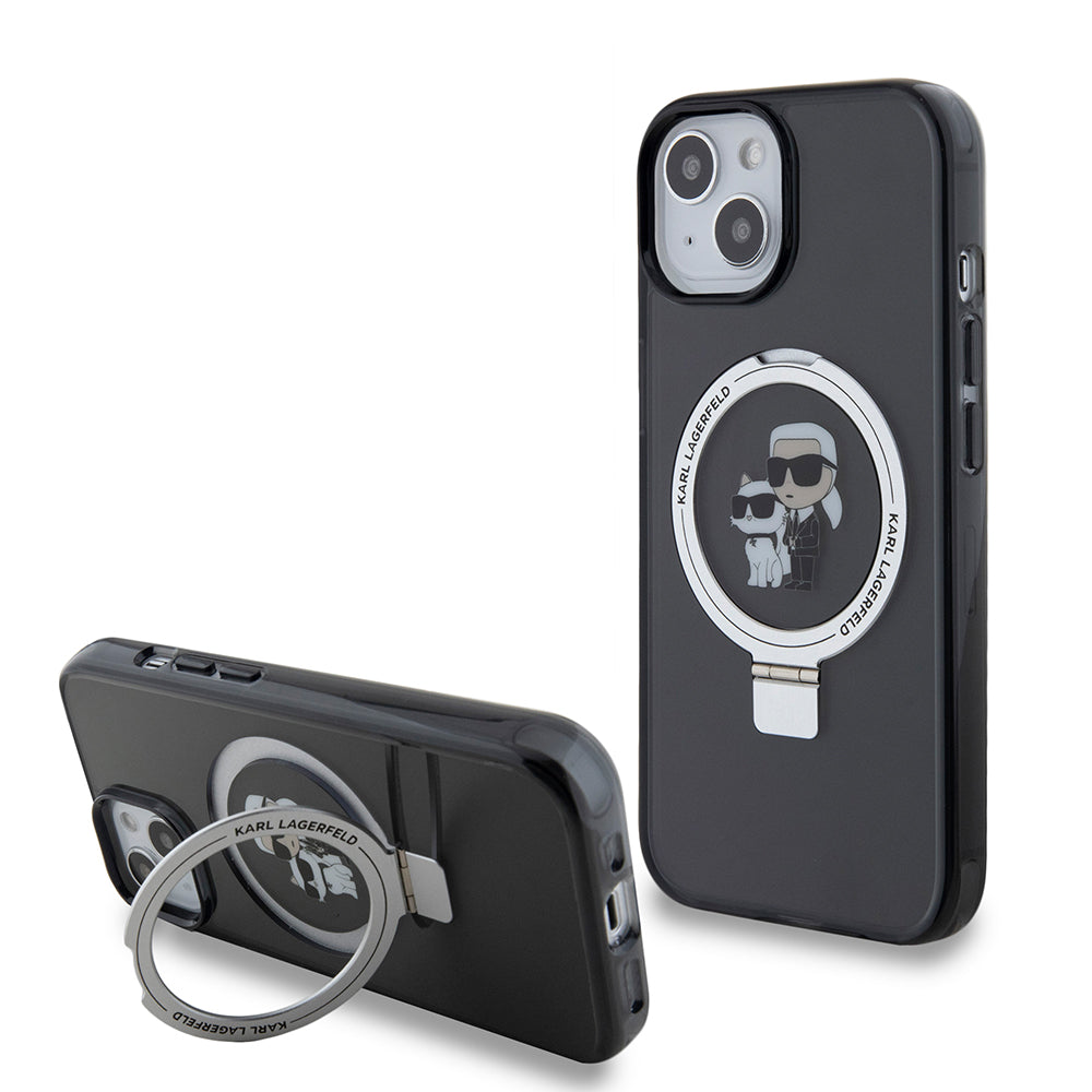 MagSafe Case for Apple iPhone 15, Karl Lagerfeld, Ring Stand Karl & Choupette, Black