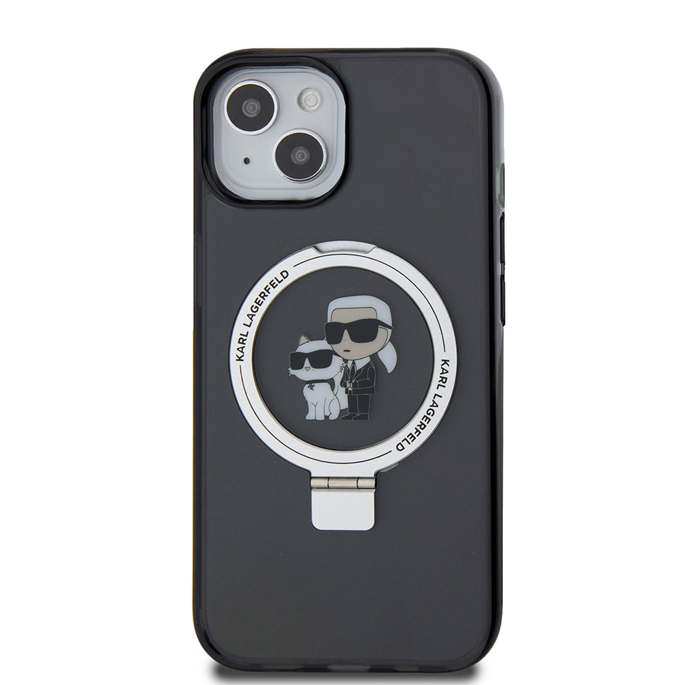 MagSafe Case for Apple iPhone 15, Karl Lagerfeld, Ring Stand Karl & Choupette, Black